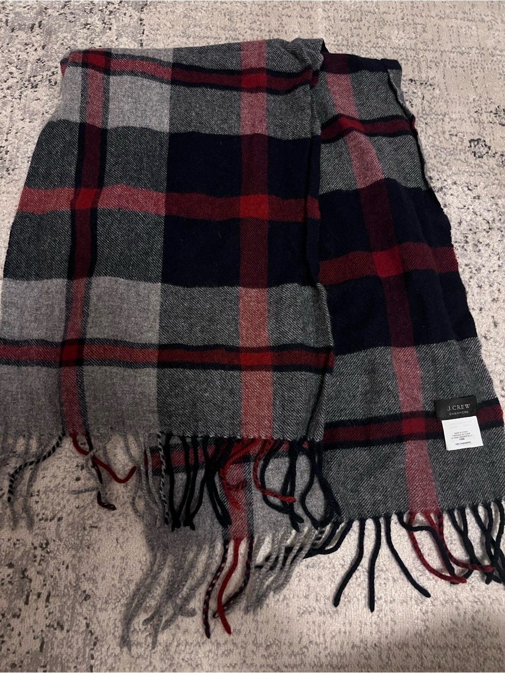 J. Crew Men's Plaid Fringe Cashmere Scarf in Gray, Navy and Red
